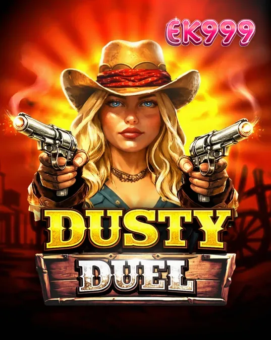Dusty Duel স্লট গেমের একটি দৃশ্য যেখানে কাউবয় থিমের প্রতীক এবং রিভলভার মাল্টিপ্লায়ার রিল দেখা যাচ্ছে।